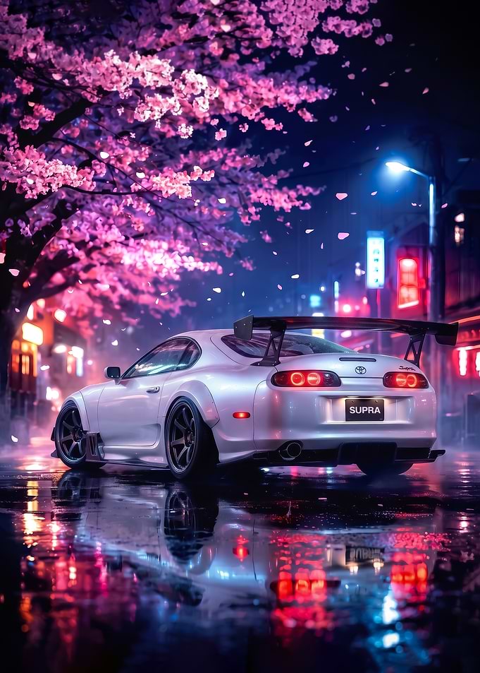 sleek mk4 Supra Under Cherry Blossoms car poster