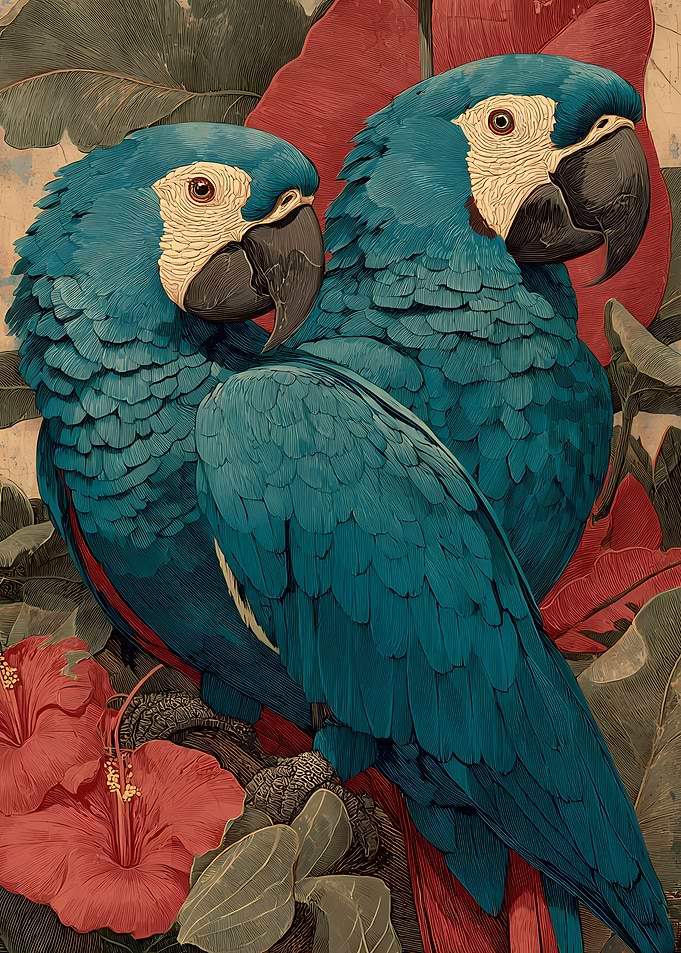 Two Blue Macaws in Tropical Foliage