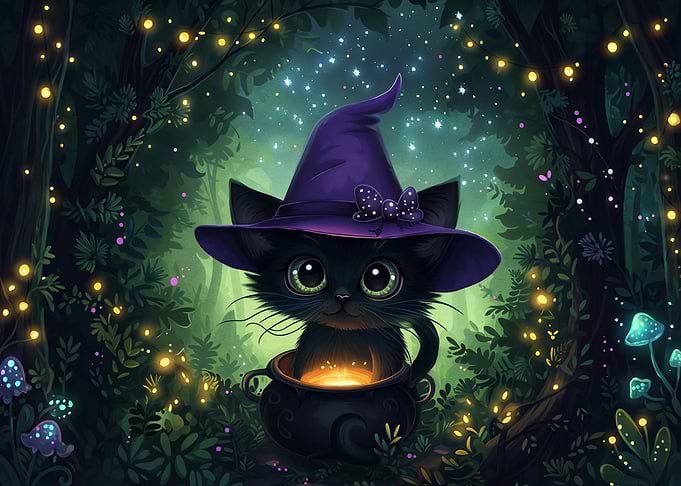 Cute Black Kitten Witch in Forest