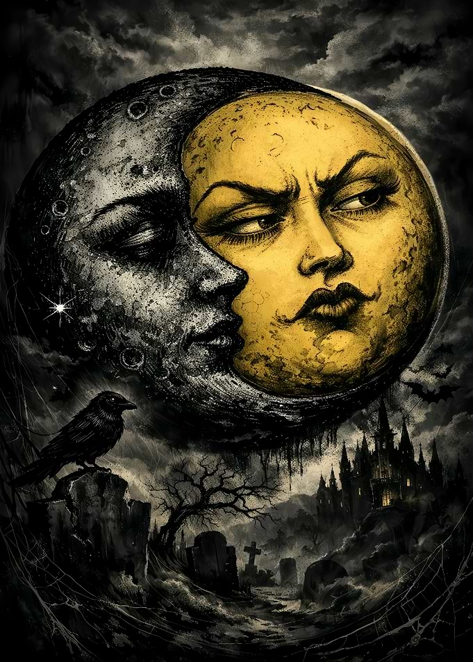 Gothic Moon and Raven Cemetery Scene