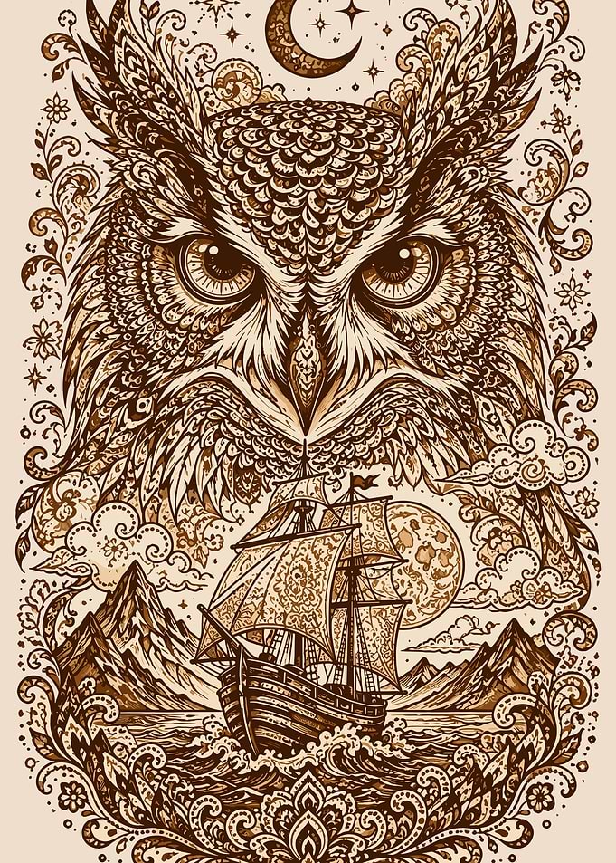 Ornate Owl and Sailing Ship Illustration