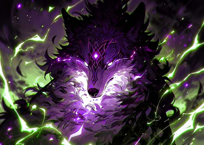 Mystical Purple and Green Lightning Wolf