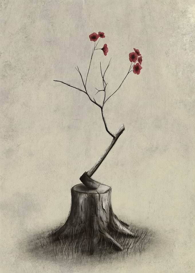 Axe in Stump with Red Flowers