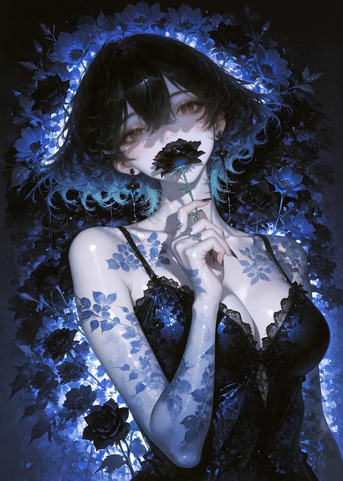 Anime Girl with Blue Floral Aura