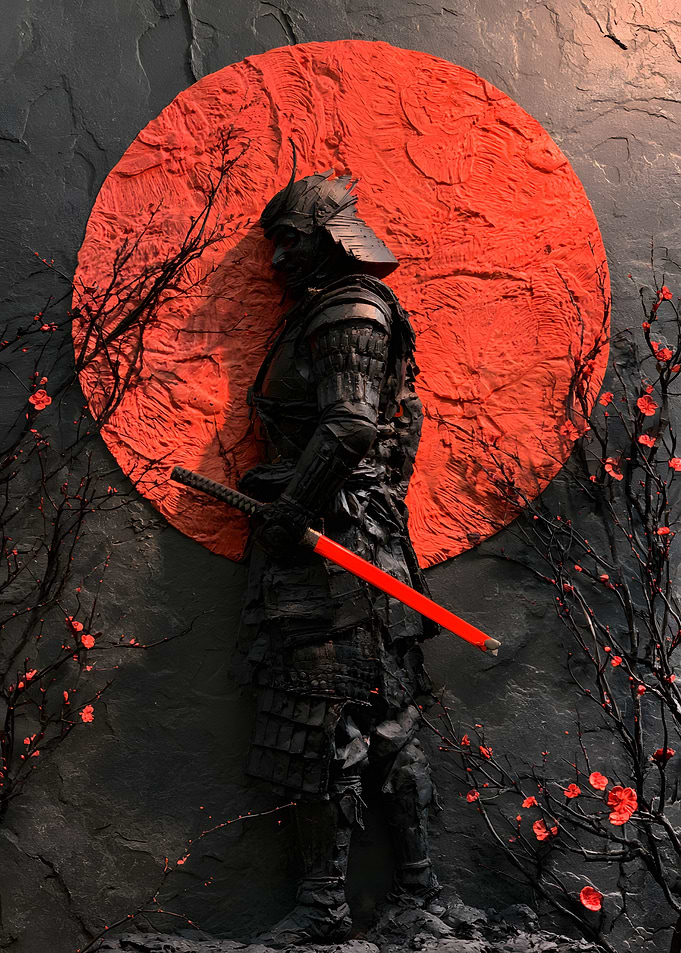 Samurai Silhouette with Red Sun