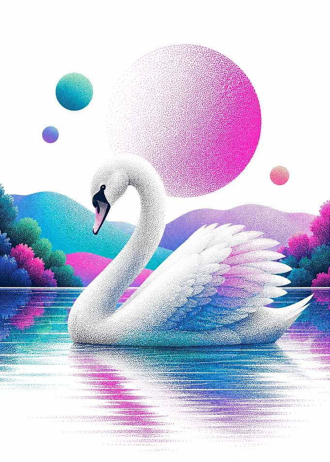 Stippled Art Swan on Surreal Lake