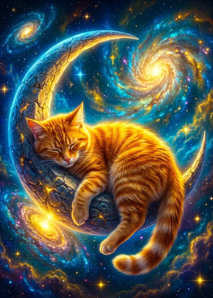 Ginger Cat Sleeping on Crescent Moon