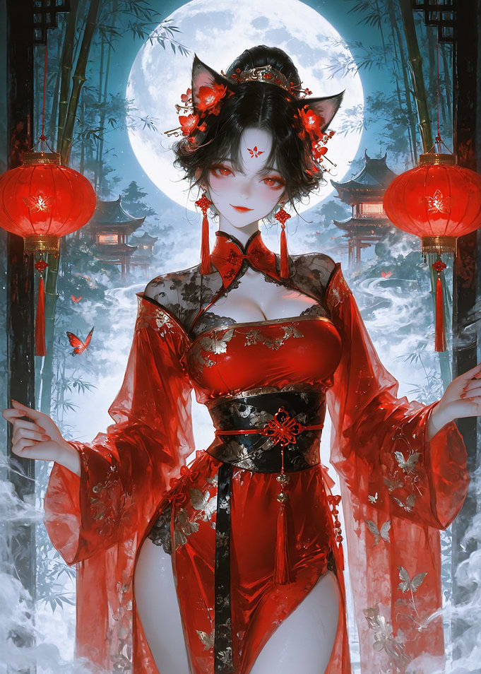 Cat-Eared Beauty in Traditional Red Dress
