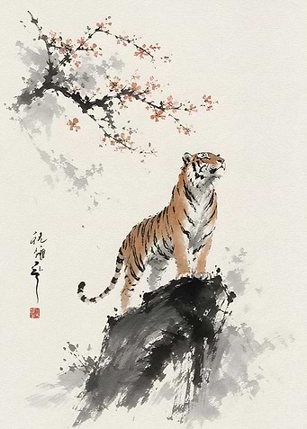 Tiger on Rock Ink Wash Painting