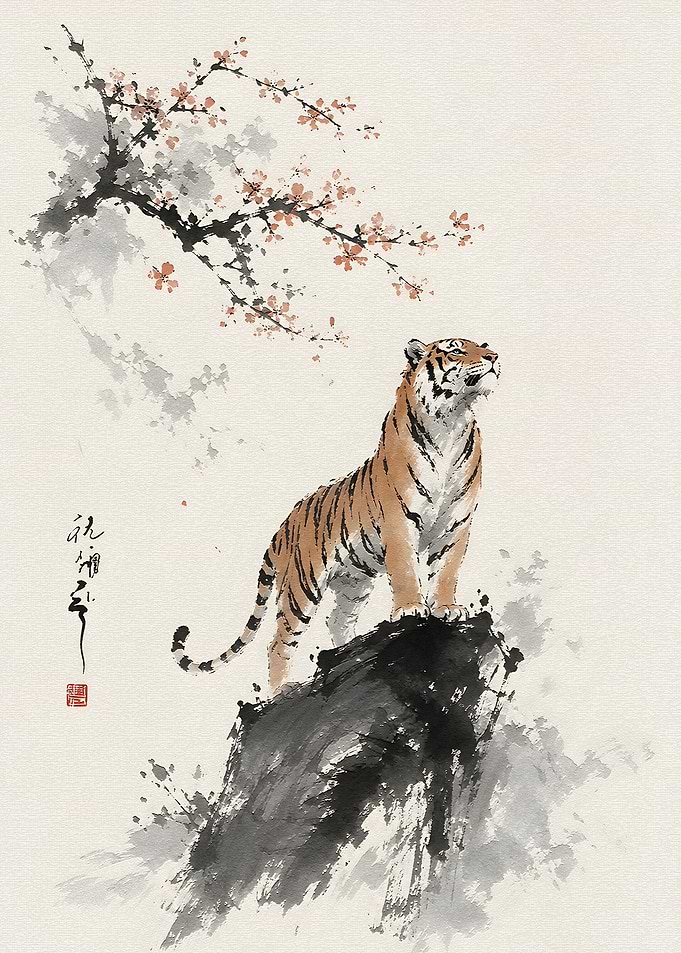 Tiger on Rock Ink Wash Painting