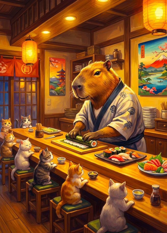 Capybara Sushi Chef Serving Cats