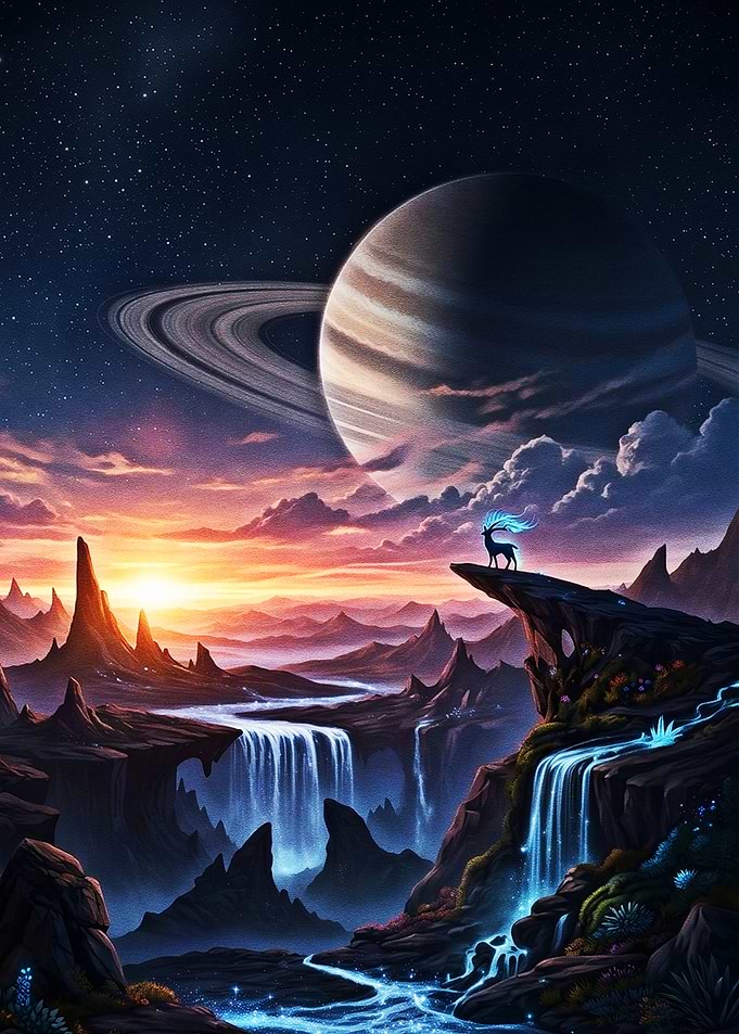 Celestial Waterfalls Beneath the Ringed Planet