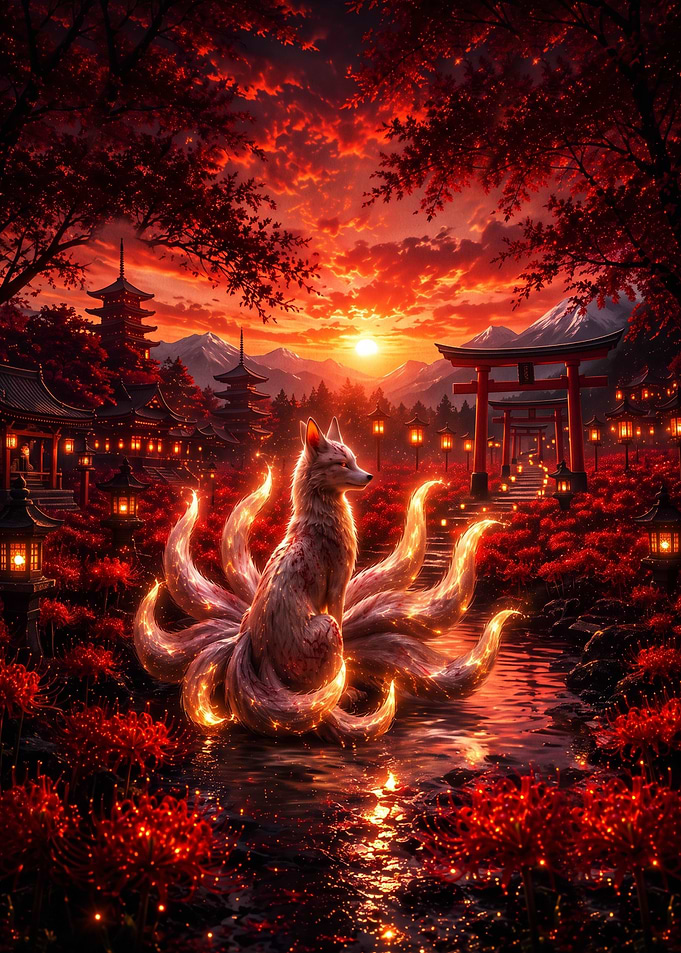 Nine-Tailed Fox in Japanese Garden