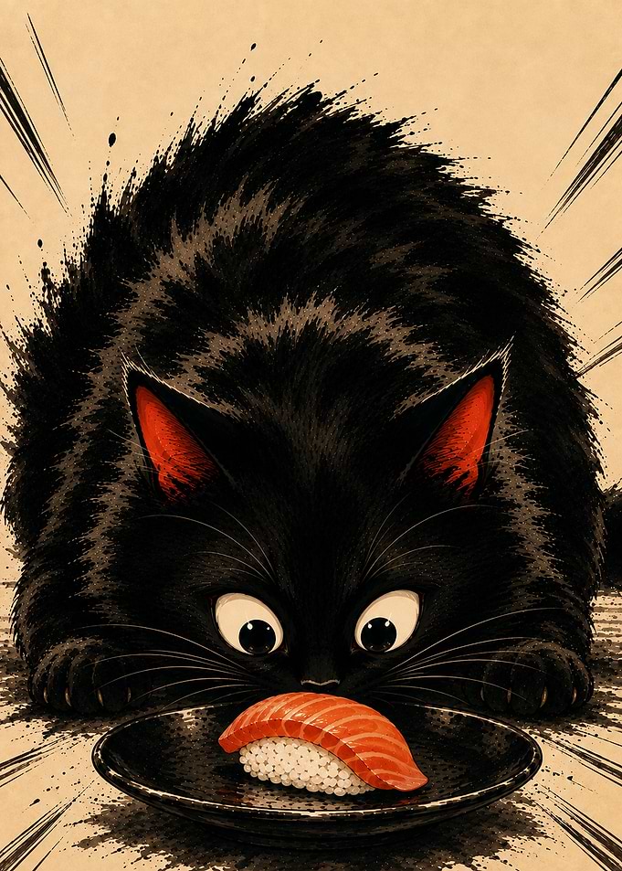 Black Cat Staring at Salmon Sushi