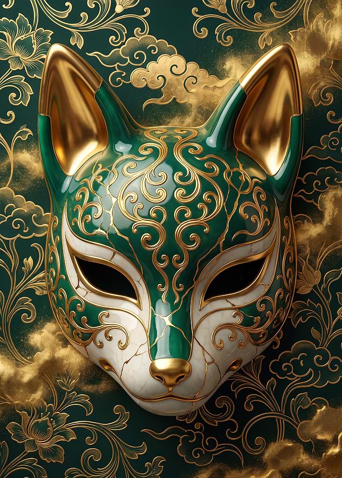 Ornate Emerald and Gold Kitsune Mask