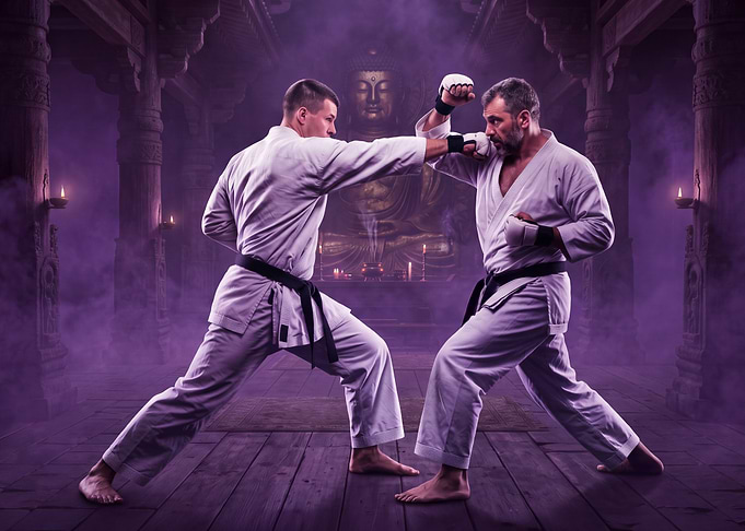 Karate Fighters in Ancient Temple