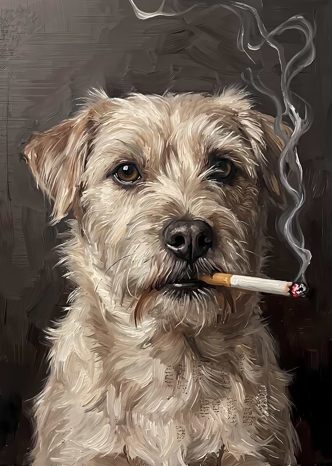 Oil Painting of Smoking Dog