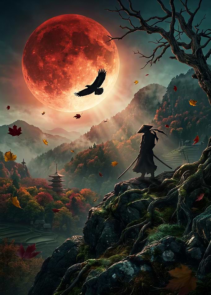 Samurai Standing Under Red Moon