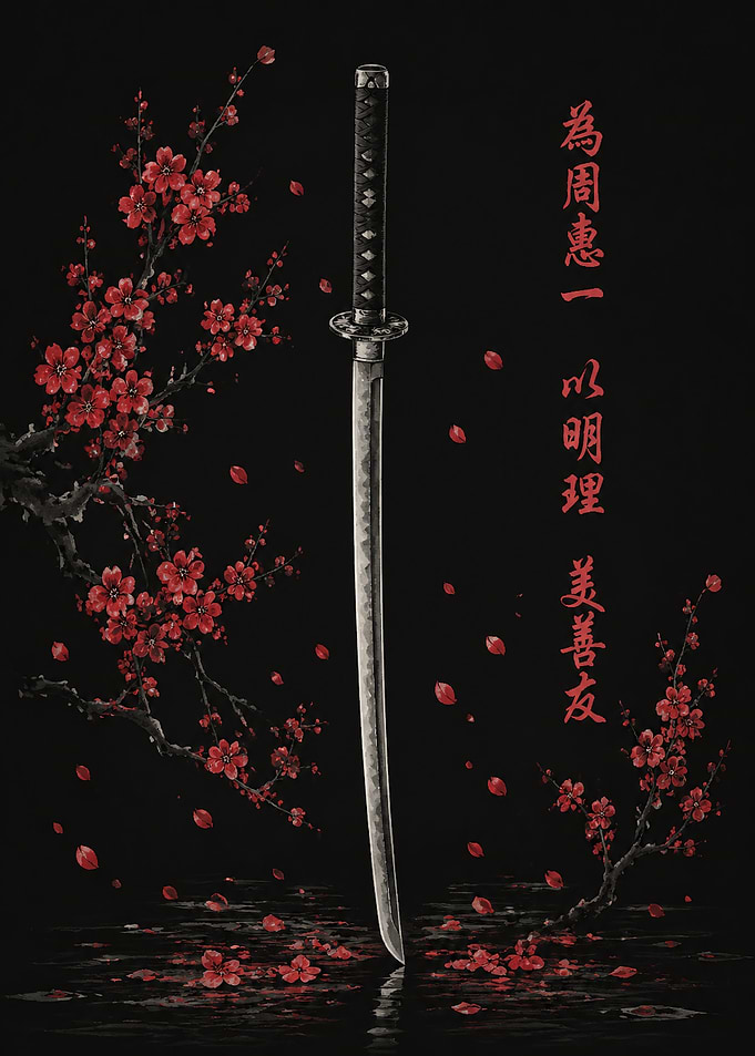 Katana with Red Cherry Blossoms