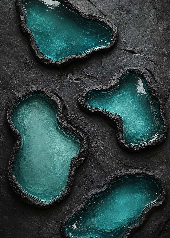 Turquoise Glass Tide Pools in Charcoal Rock