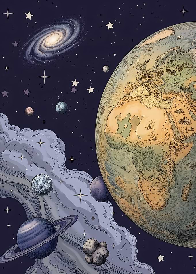 Stylized Earth and Celestial Space Scene
