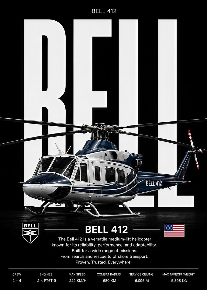 Bell 412 Helicopter Technical Poster
