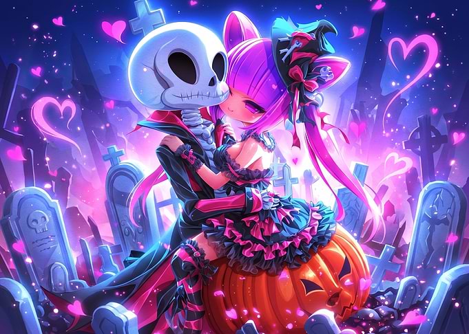 Anime Halloween Skeleton and Cat Girl