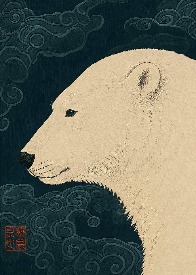 Polar Bear in Japanese Woodblock Style