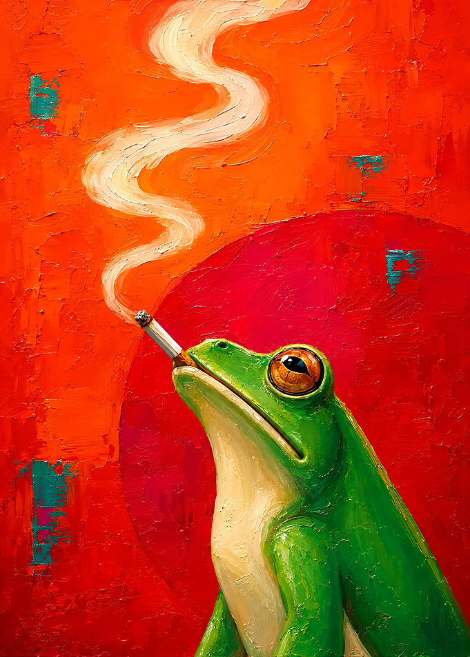Oil Painting of Smoking Green Frog