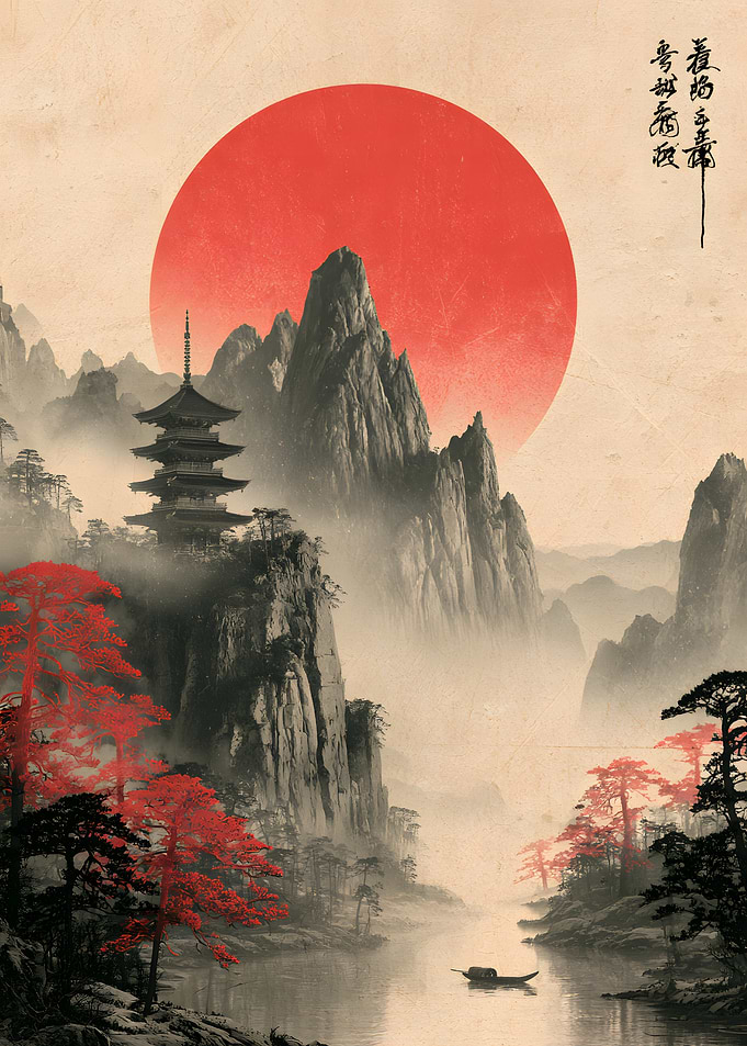 Traditional Japanese Pagoda Mountain Landscape