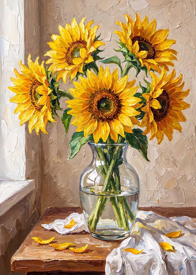 Sunflowers in Glass Vase Oil Painting