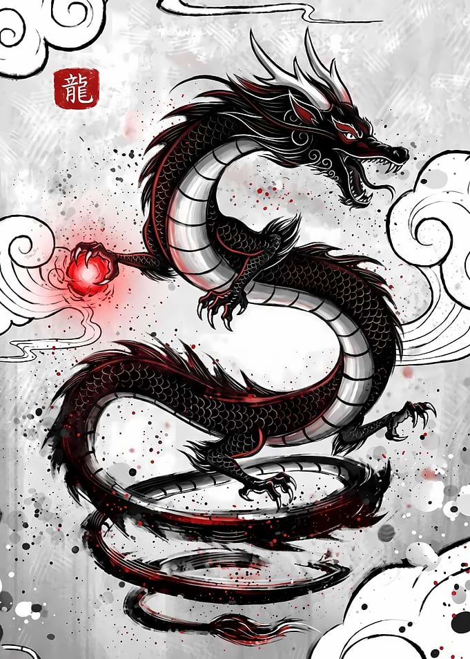 Black and Red Chinese Dragon Illustration