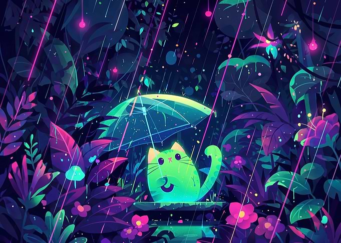 Neon Cat Under Umbrella in Rain