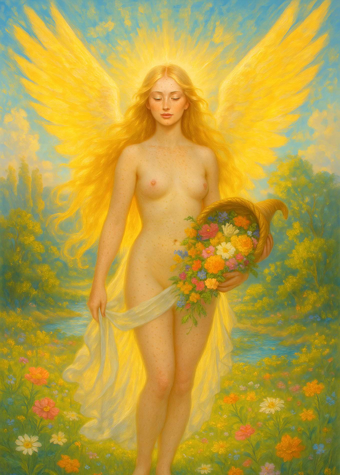Ethereal Angel with Cornucopia of Flowers