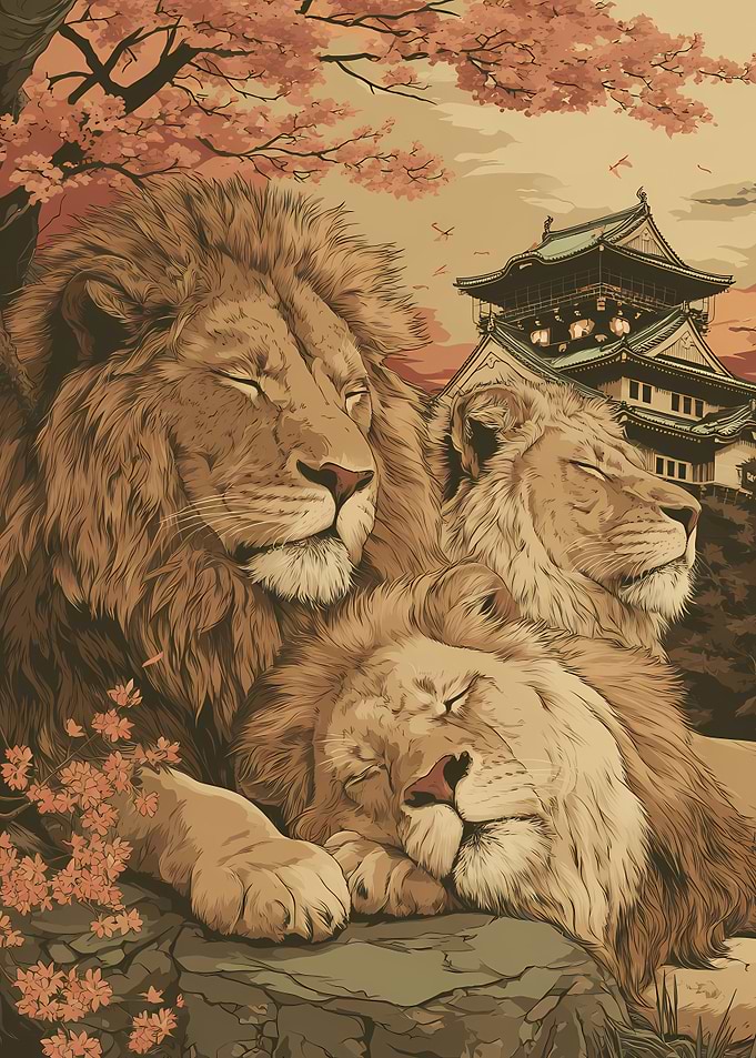 Lions Resting by Japanese Castle