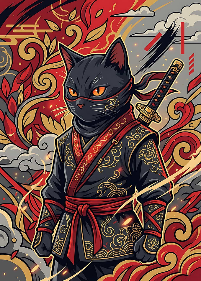 Black Ninja Cat Warrior Illustration