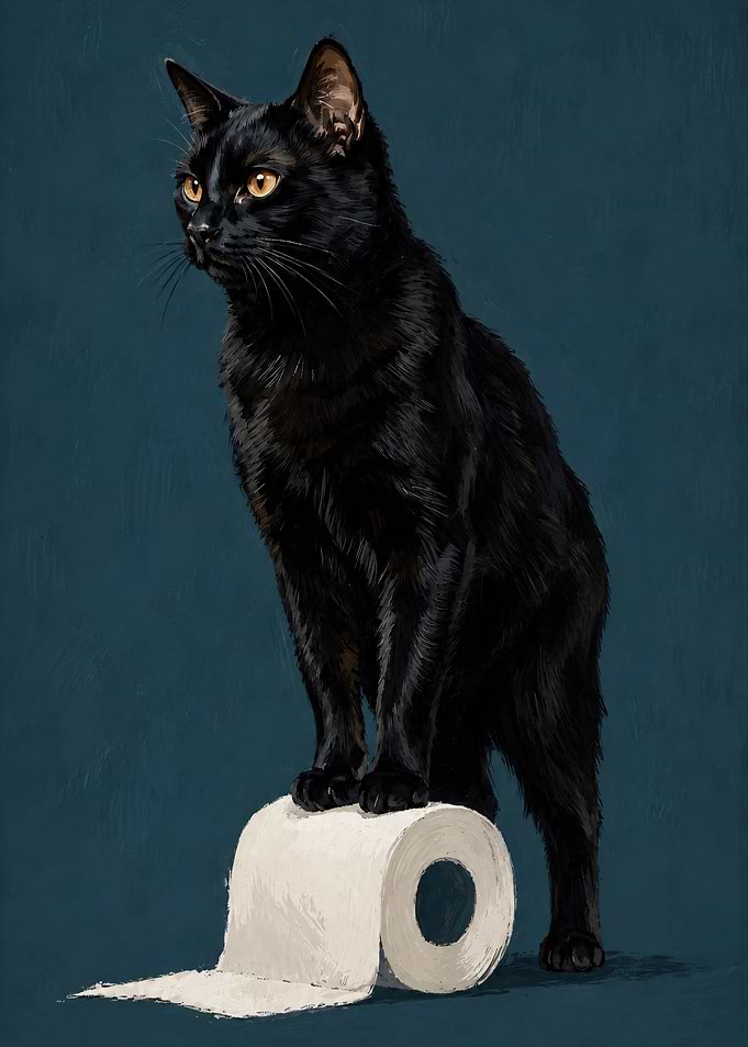 Black Cat Standing on Toilet Paper