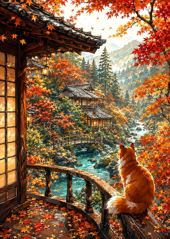 Fox Watching Autumn Japanese Garden