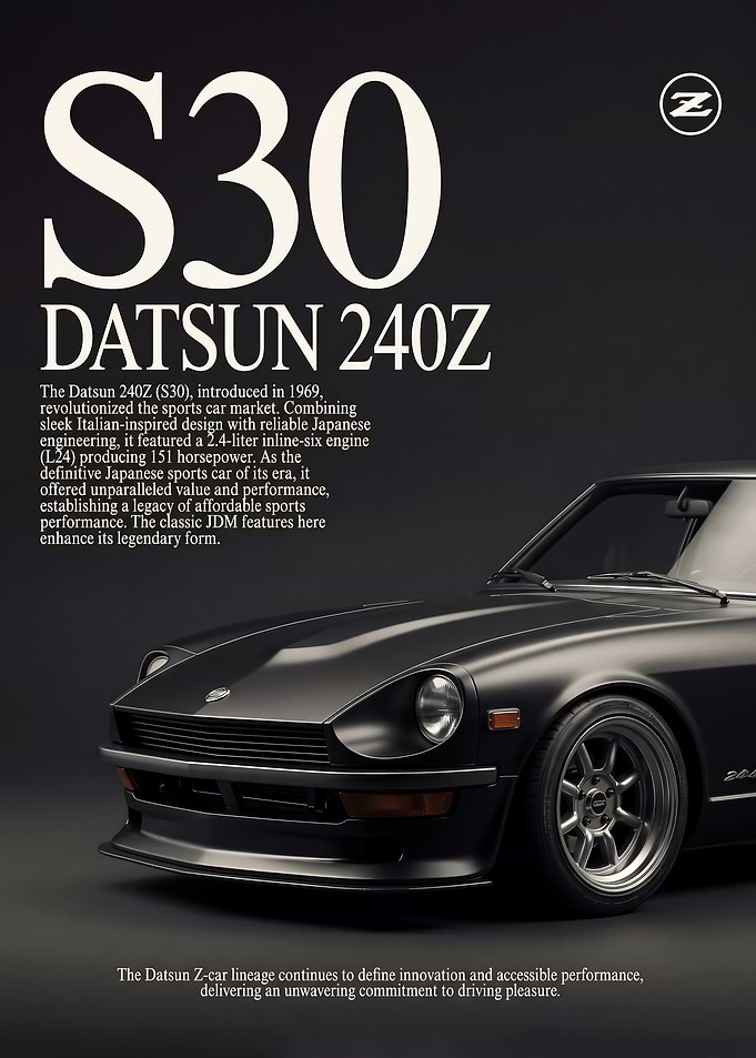close up black Datsun 240Z S30 Vintage Car Poster