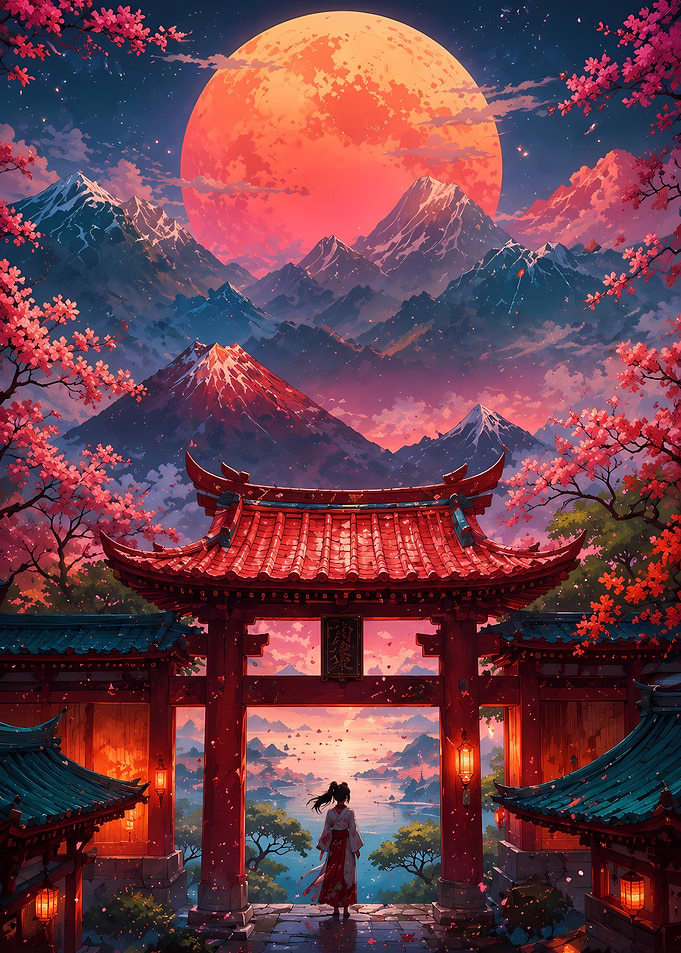 Girl Standing Under Torii Gate
