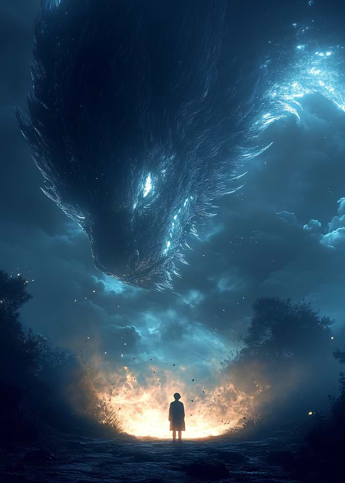 Person Facing a Giant Spectral Dragon