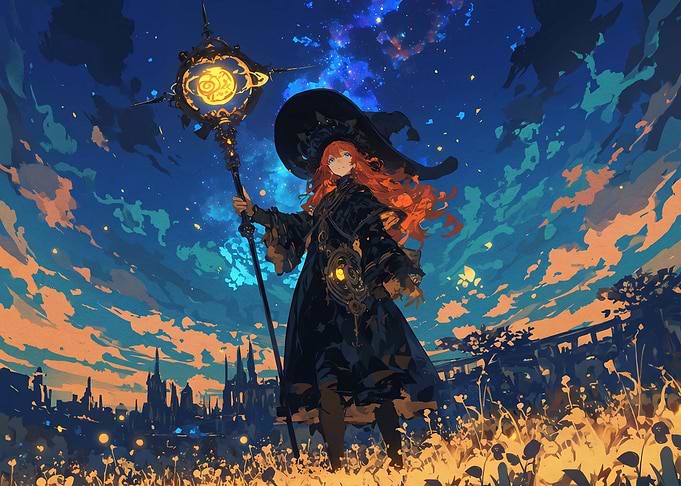Red-Haired Witch Under Starry Sky