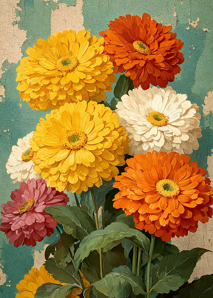 Vibrant Zinnia Bouquet on Distressed Background