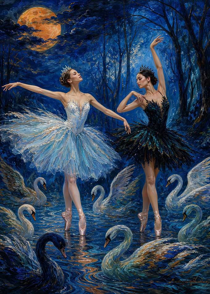 Swan Lake Ballerinas Under Moonlight