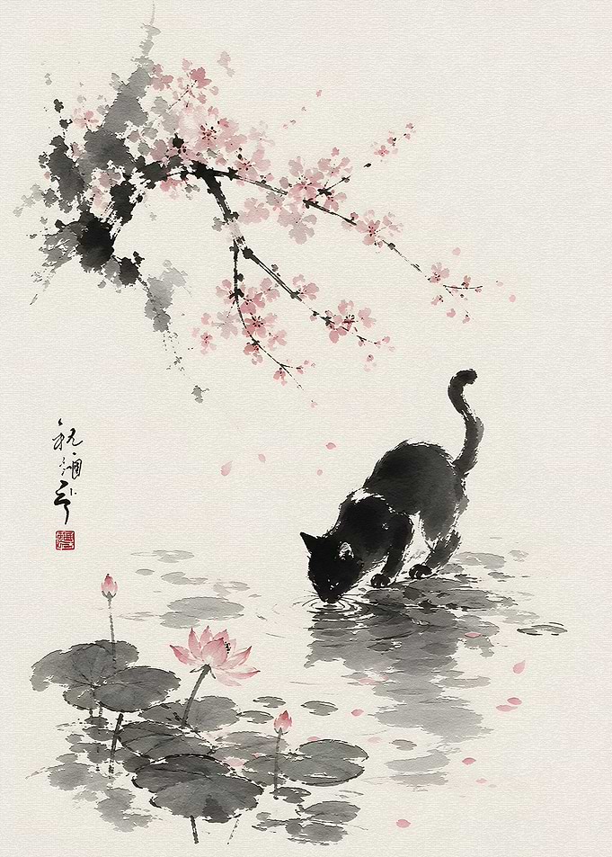 Black Cat Drinking from Lotus Pond