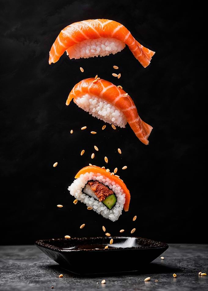 Levitating Sushi Pieces with Sesame Seeds