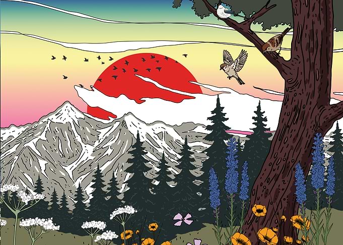 Japanese Style Mountain Sunset Landscape