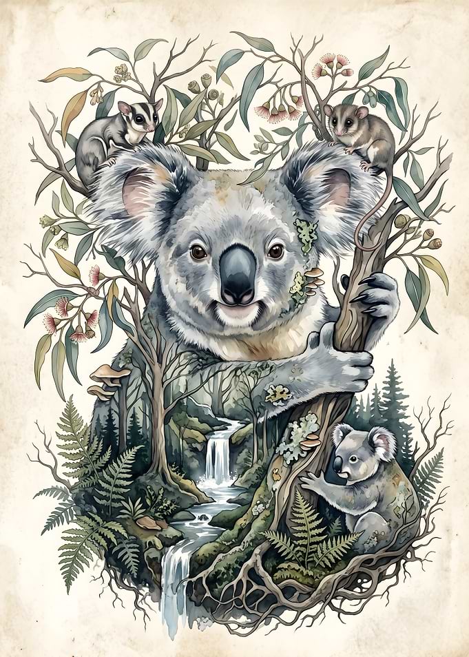 Koala and Forest Wildlife Illustration
