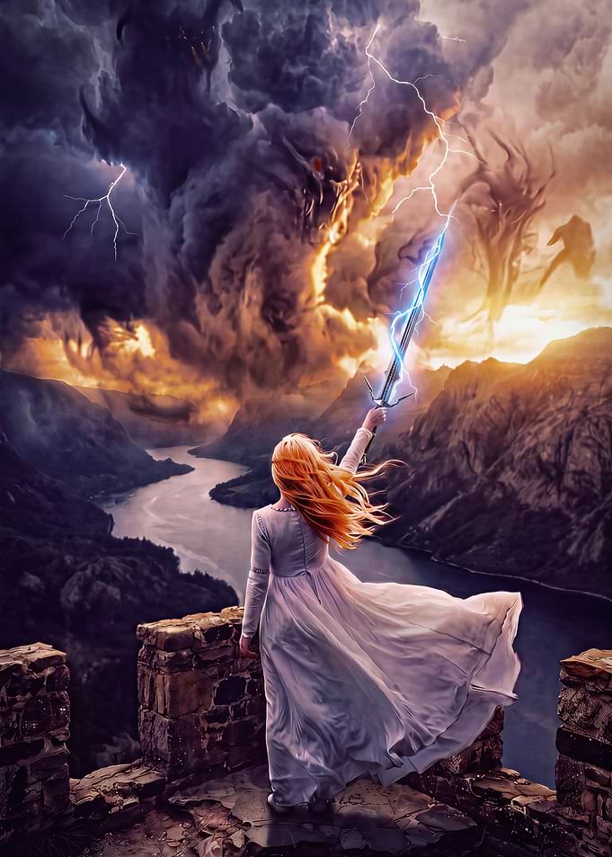 Lady of castle with magic sword of lightnings faces dark evil fantasy scene