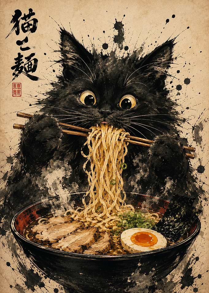 Black Cat Eating Ramen Illustration